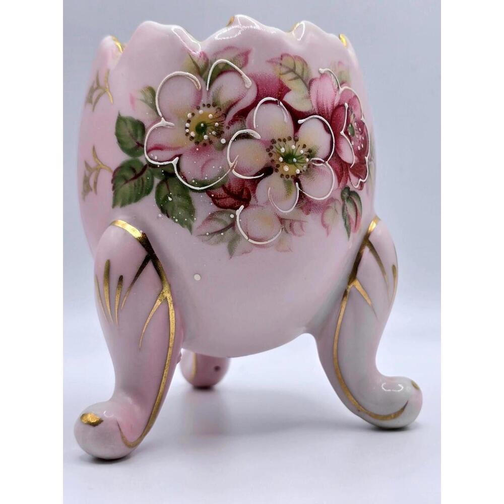 Vtg Cracked Egg Planter Vase Blush Pink Flowers Gold Trim Inarco Tri Footed